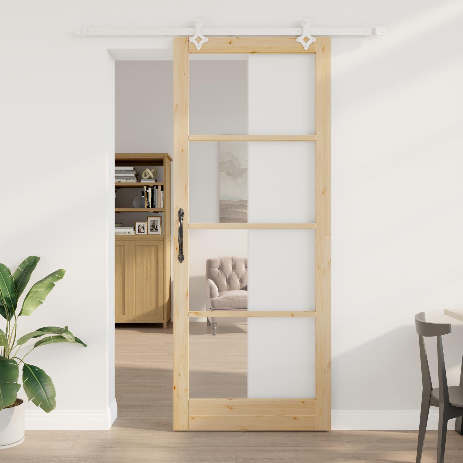 Glidende dør med hardware sæt 93x232 cm solidt fyrretræ, indvendig dør med glas 'ORKDAL'93x232x4 cm solidt fyrretræ
