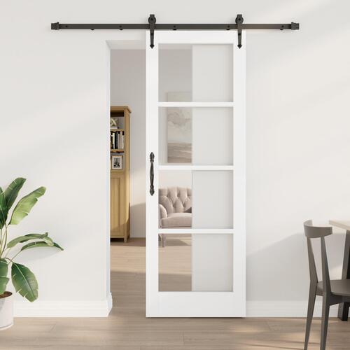Glidende Dør med Hardware Sæt Hvid 73,5x211 cm Massivt Fyr, Indvendig Dør med Glas 'ORKDAL'Hvid 73,5x211x4 cm