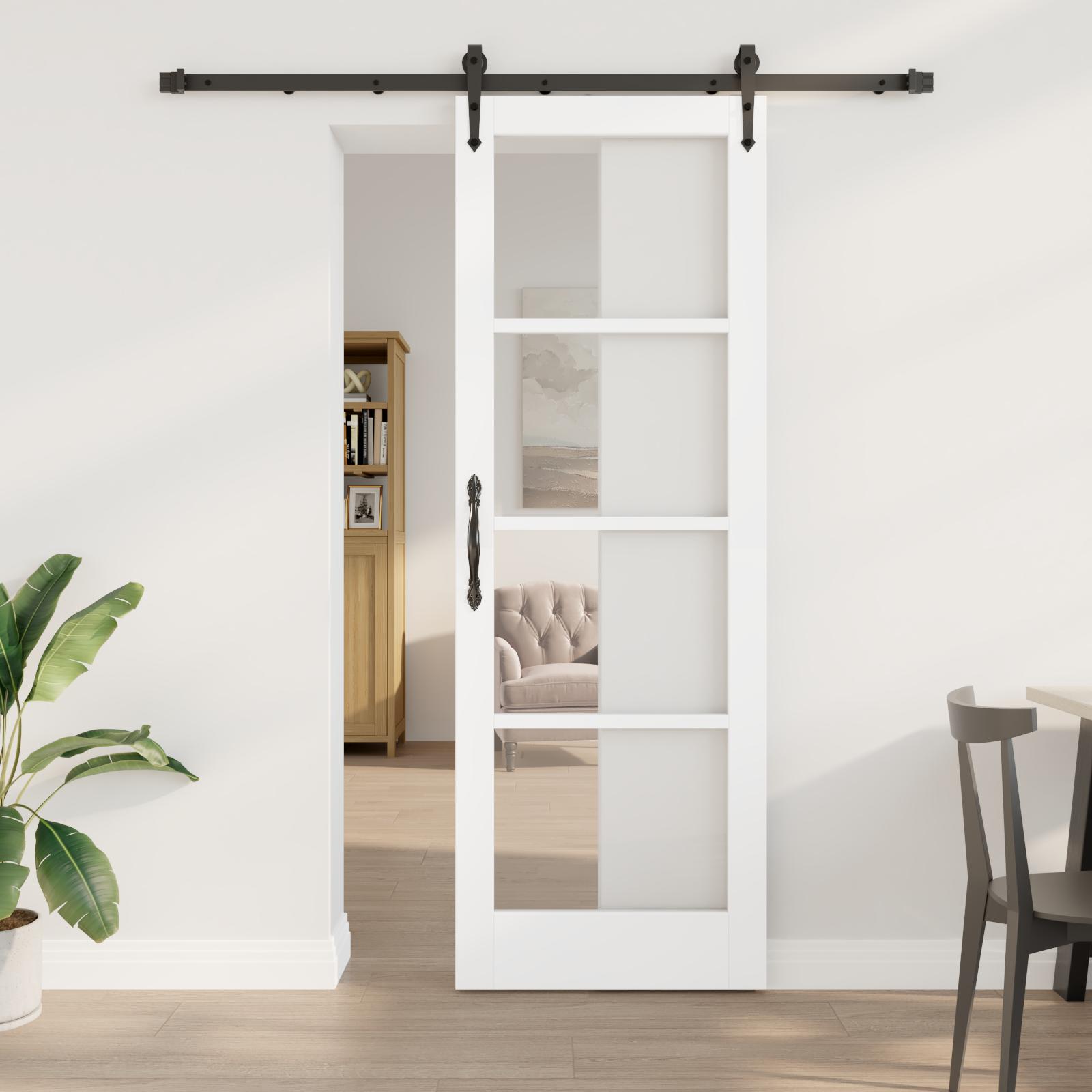 Glidende Dør med Hardware Sæt Hvid 73,5x211 cm Massivt Fyr, Indvendig Dør med Glas 'ORKDAL'Hvid 73,5x211x4 cm