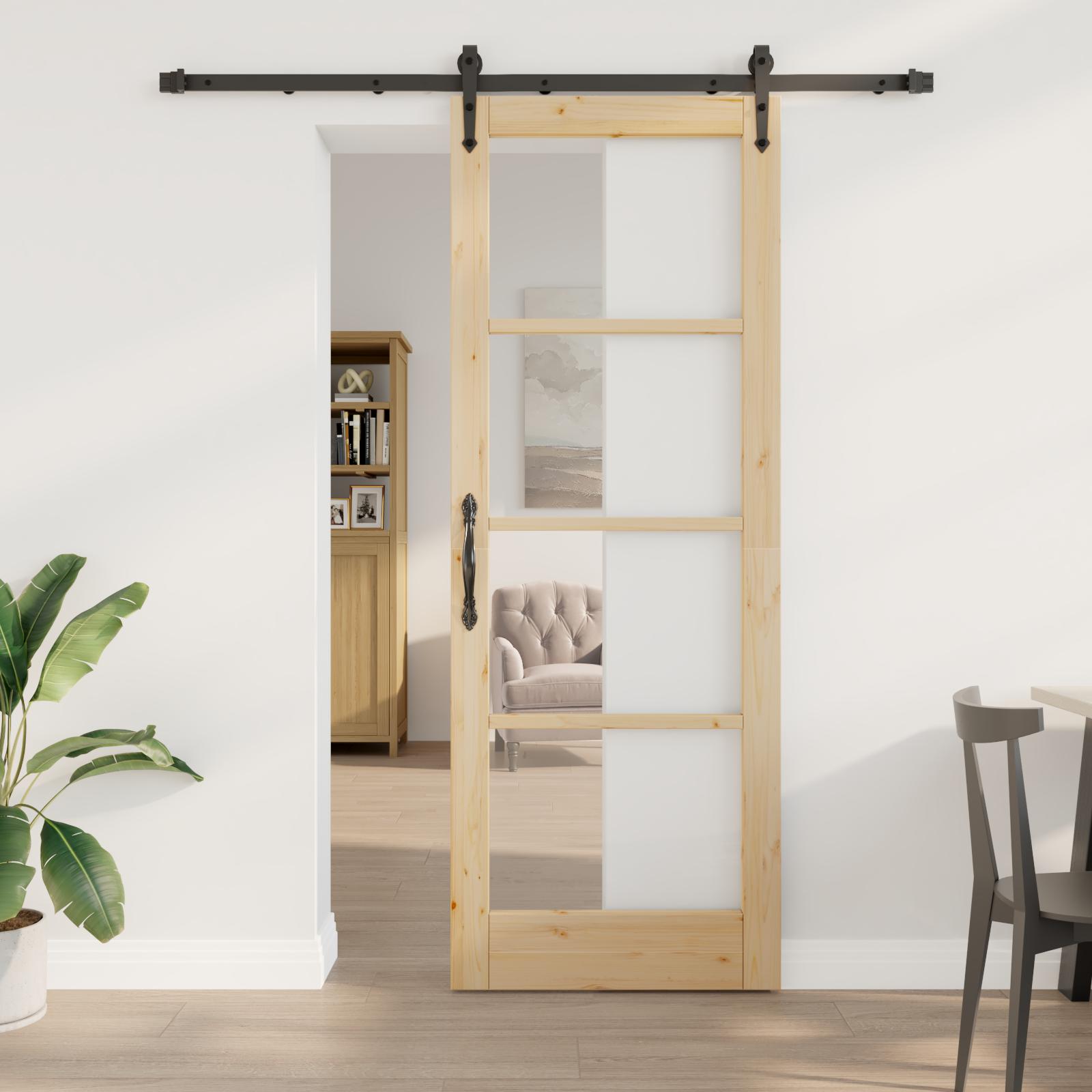 Gliddør med Hardware Sæt 78x211 cm Massiv Træ Furu,  Indvendig Dør med Glas 'ORKDAL'78x211x4 cm Massiv Træ Furu