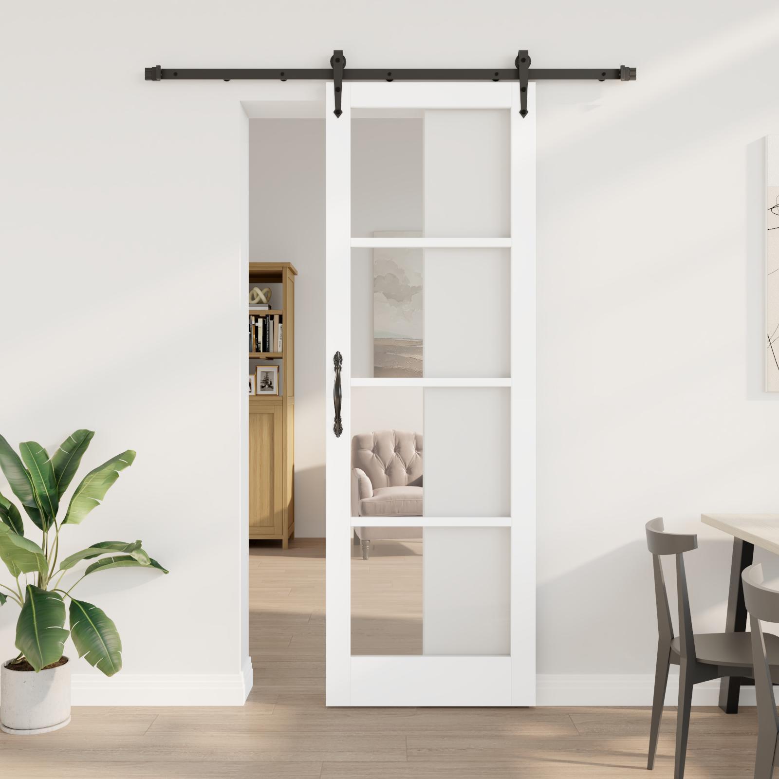 Glidende Dør med Hardware Sæt Hvid 78x232 cm Solid Træ Fyr,  Indendørs Dør med Glas 'ORKDAL'Hvid 78x232x4 cm