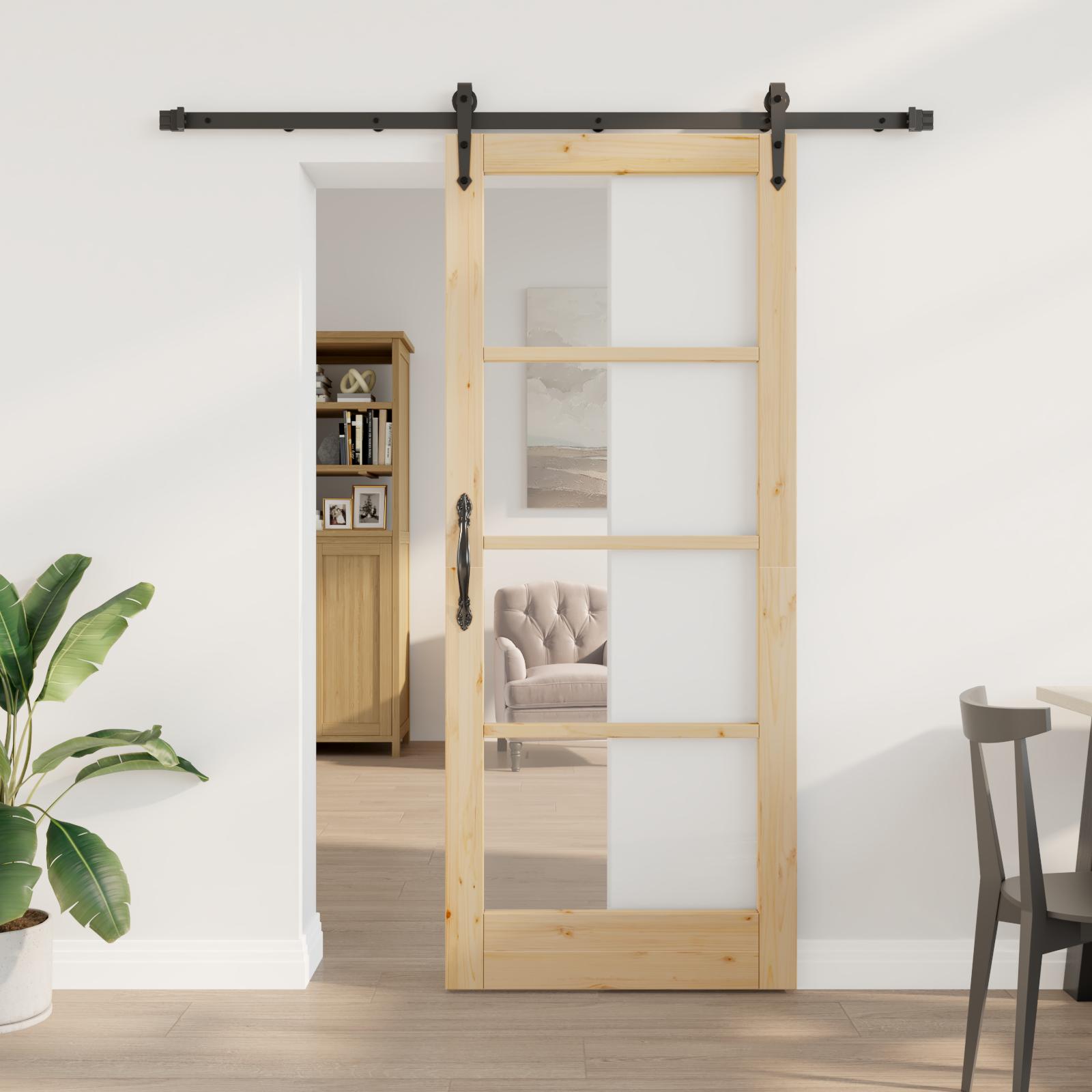 Skydedør med hardware sæt 83x202 cm solidt fyrretræ,  Indvendig dør med glas 'ORKDAL'83x202x4 cm solidt fyrretræ