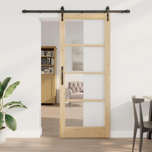 Skydedør med beslag sæt 86x211 cm Massivt træfyr, Indvendig dør med glas 'ORKDAL'86x211x4 cm Massivt træfyr