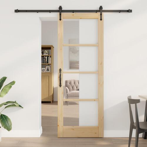Glidende Dør med Hardware Sæt 78x211 cm Solid Træ Fyrretræ, Indvendig Dør med Glas 'ORKDAL'78x211x4 cm Solid Træ Fyrretræ