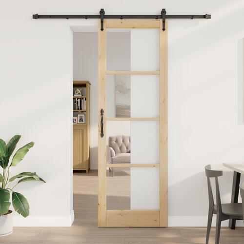 Skydedør med Hardware Sæt 78x232 cm Massivt Træ Fyrretræ, Indendørs dør med glas 'ORKDAL'78x232x4 cm Massivt Træ Fyrretræ