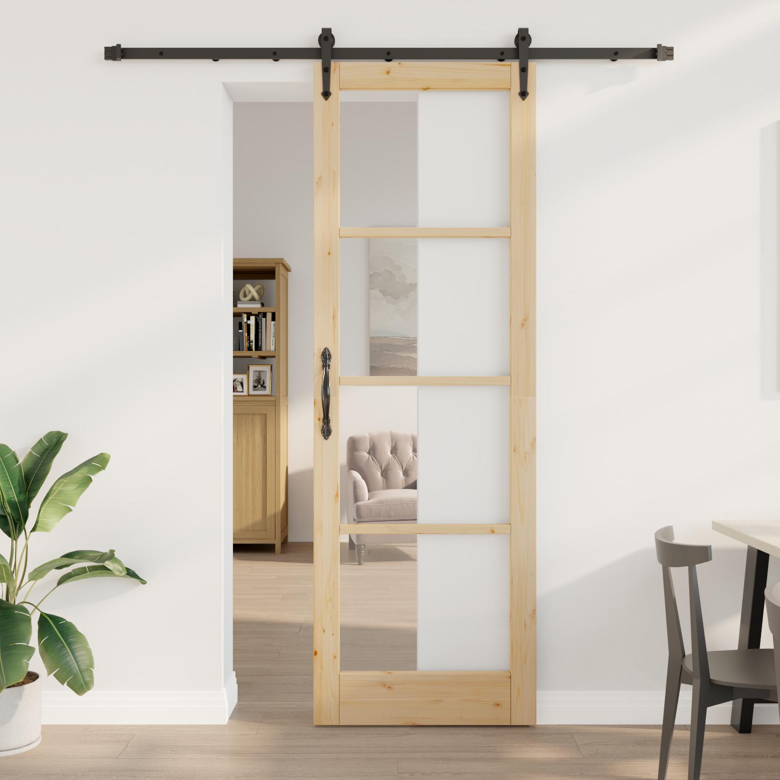 Skydedør med Hardware Sæt 78x232 cm Massivt Træ Fyrretræ, Indendørs dør med glas 'ORKDAL'78x232x4 cm Massivt Træ Fyrretræ