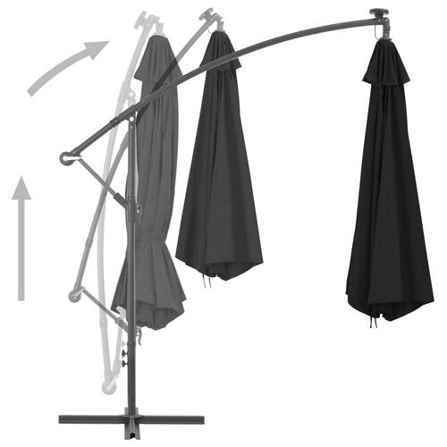 Hængeparasol med LED-lys 350 cm sort
