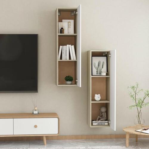 Tv-borde 2 stk. 30,5x30x110cm konstrueret træ hvid og sonoma-eg