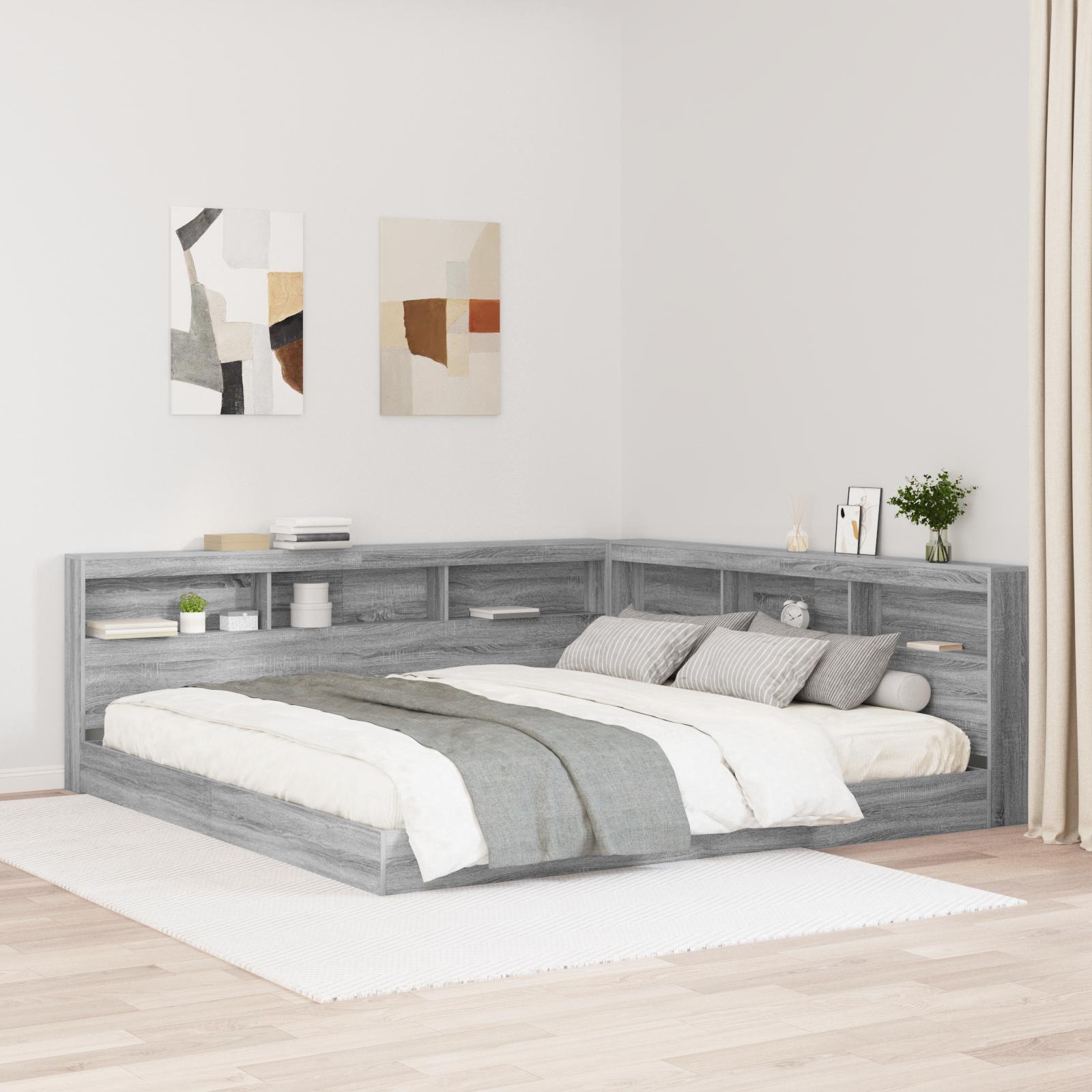 Bogreol-seng i grå sonoma-eg 180 x 200 cm - konstrueret træ, L-form med lamelbund