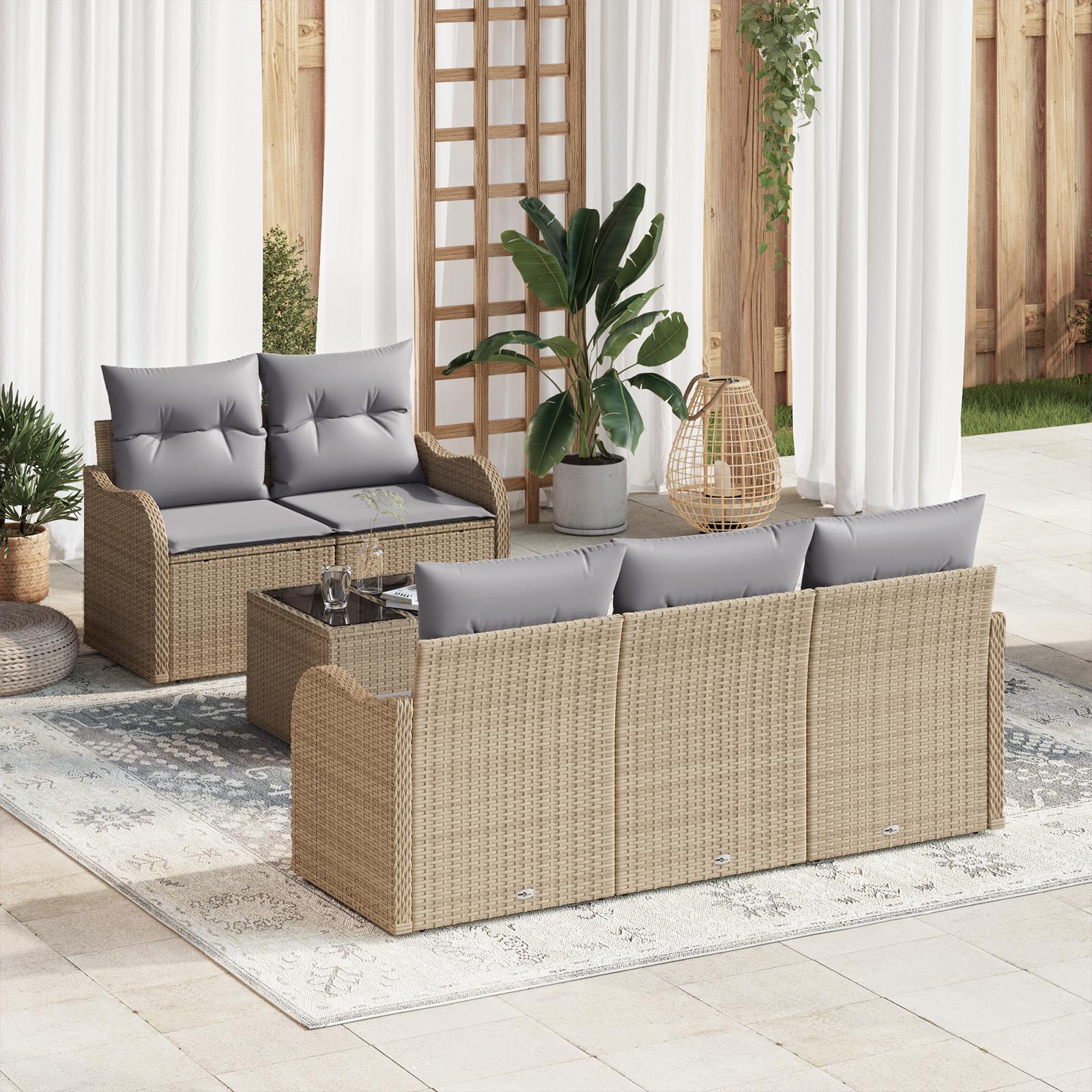 6 Deles Have Sofa Sæt med Puder Beige Poly Rattan,  2-Sæders Have Sofa med Puder Beige Poly Rattan