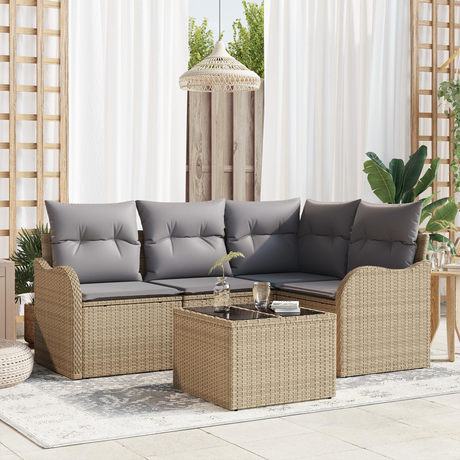 5 Stykker Have Sofa Sæt med Puder Sort Poly Rattan,  2-Sæders Have Sofa med Puder Beige Poly Rattan