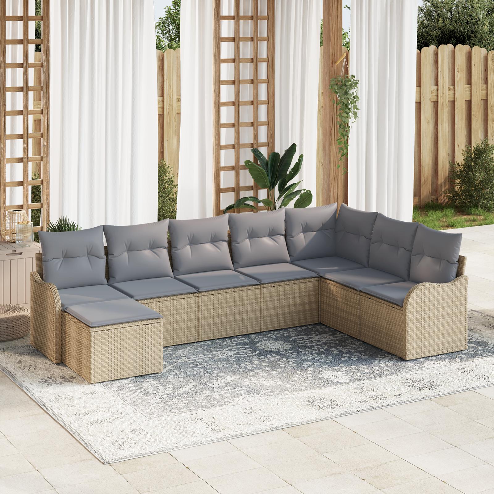8 Delers Have Sofa Sæt med Puder Beige Poly Rattan,  2-Personers Have Sofa med Puder Beige Poly Rattan