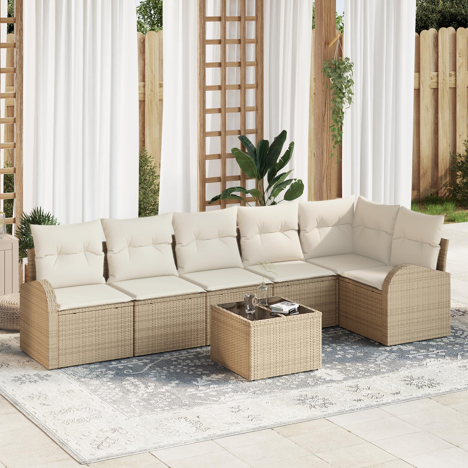 Havesofa Sæt med pude 7 stk Beige og hvid Poly rattan billede