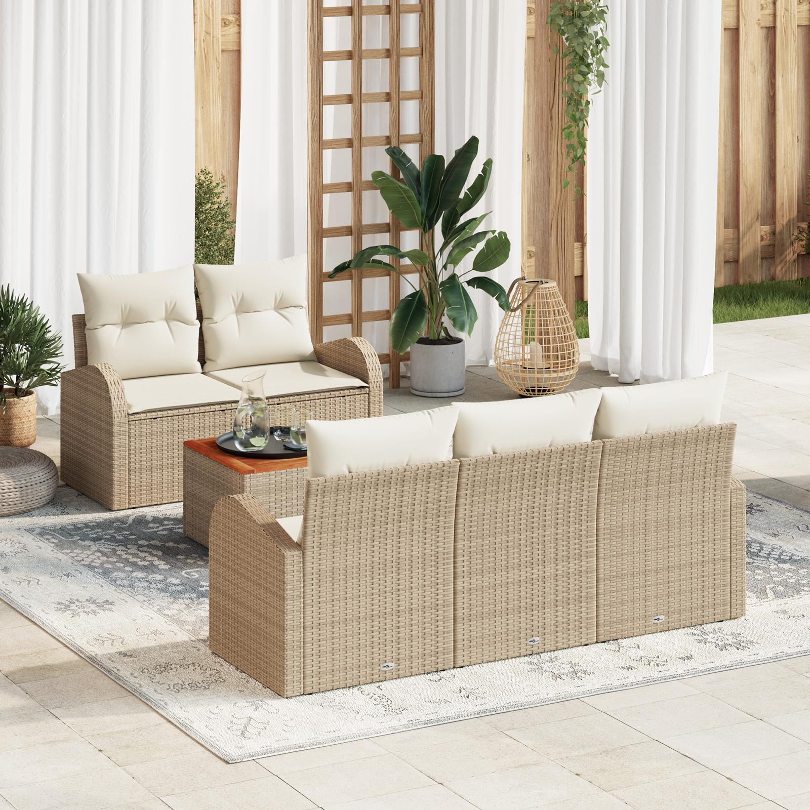 6 Deles Have Sofa Sæt med Puder Beige Poly Rattan Akacia
