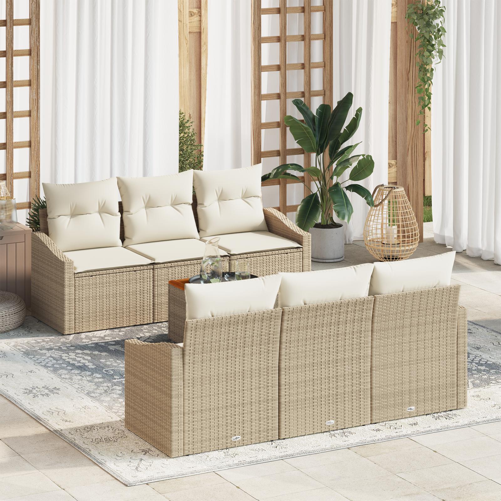7 Delt Havemøbel Sæt med Hynder Beige Poly Rattan Acacia