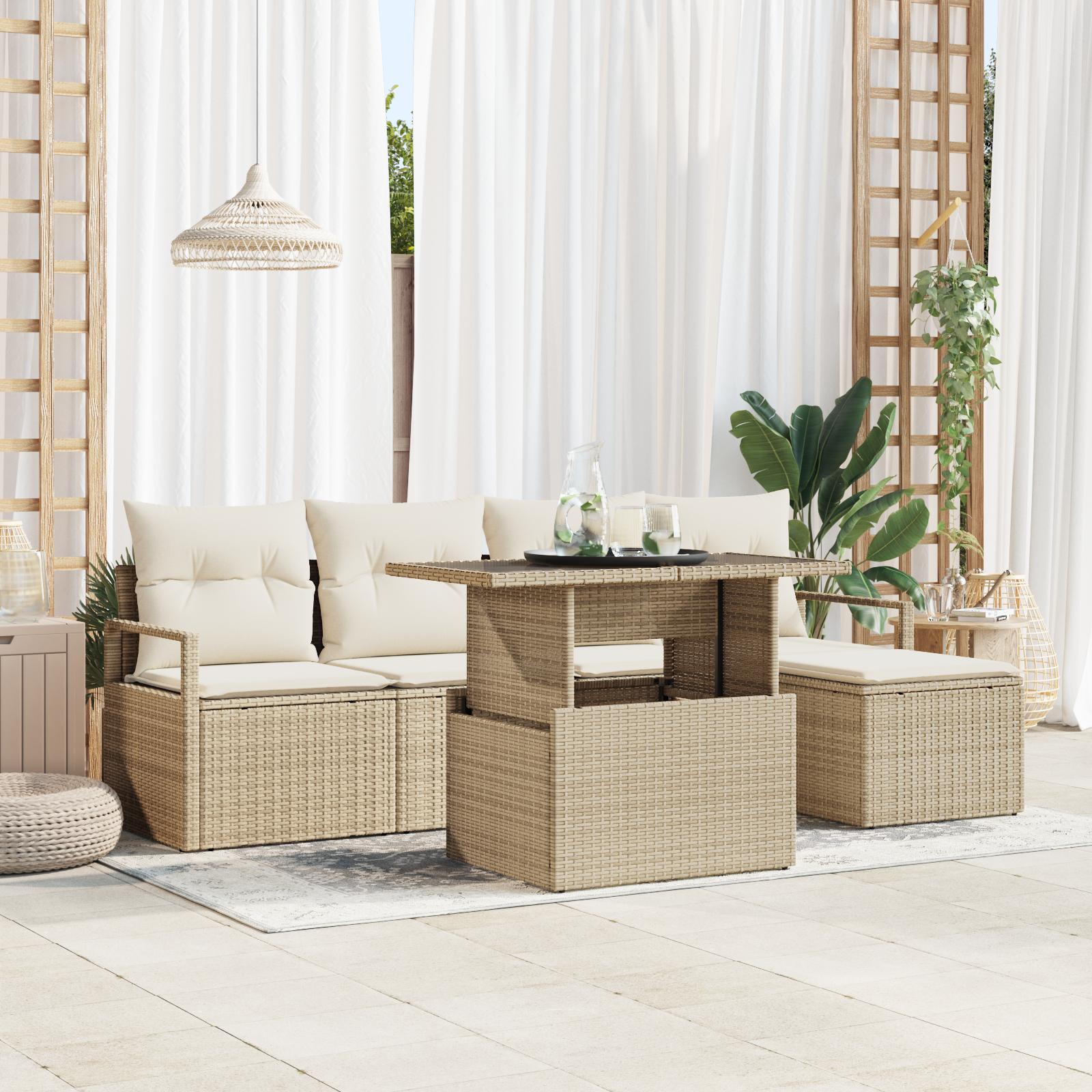 6 Stykke Have Sofa Sæt med Puder Beige Poly Rattan