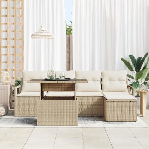 6 Stykke Have Sofa Sæt med Puder Beige Poly Rattan