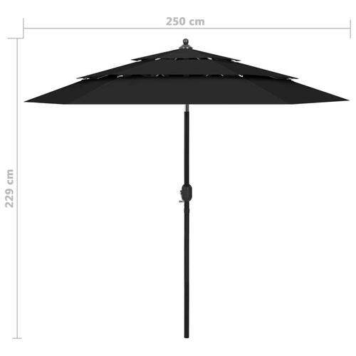 Parasol med aluminiumsstang i 3 niveauer 2,5 m sort