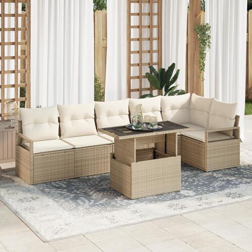 7 Delt Havemøbel Sæt med Puder Beige Poly Rattan