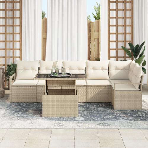 7 Delt Havemøbel Sæt med Puder Beige Poly Rattan
