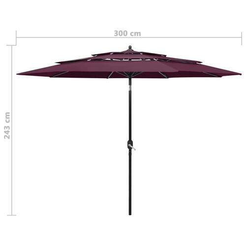 Parasol med aluminiumsstang i 3 niveauer 3 m bordeaux