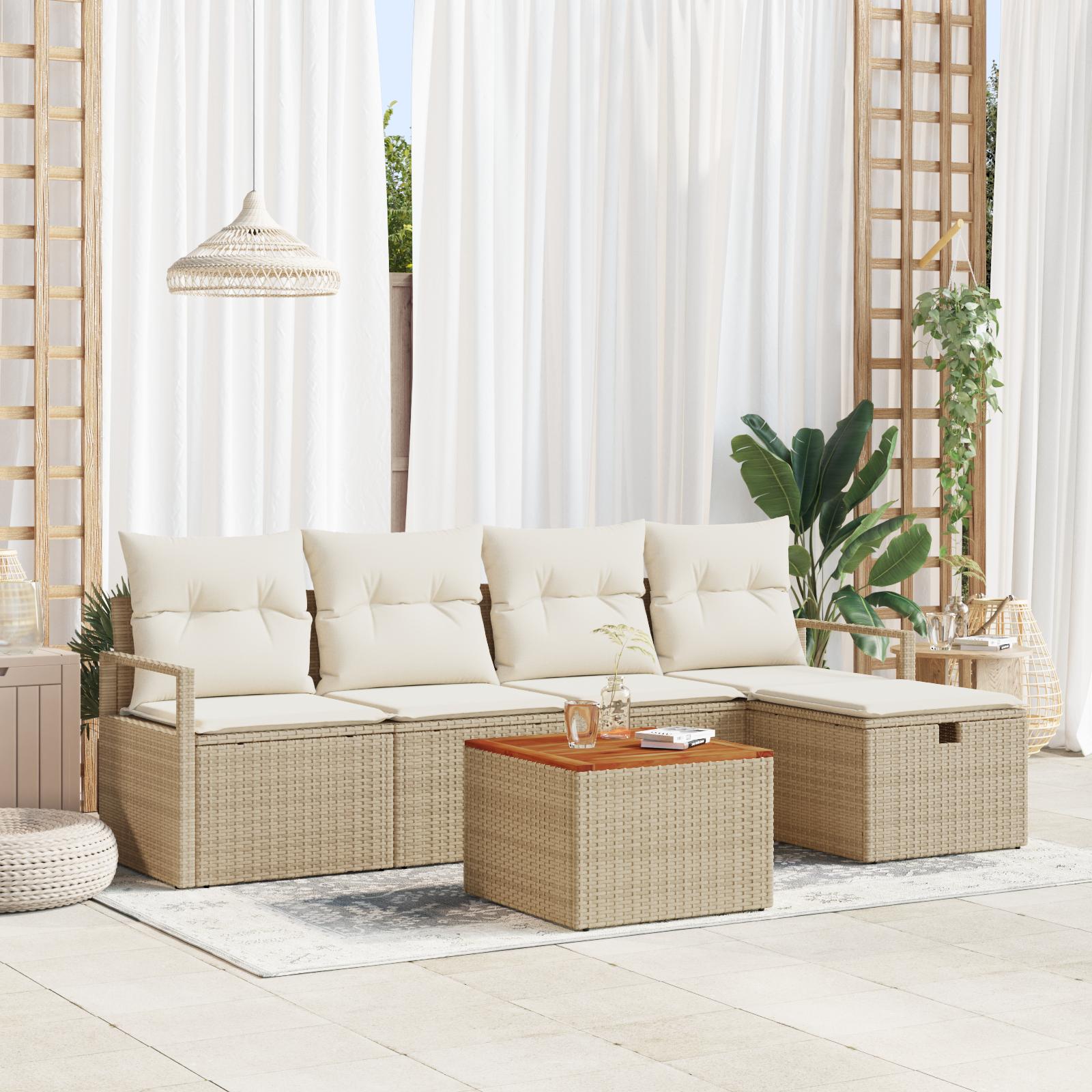 6 Delers Have Sofa Sæt med Puder Beige Poly Rattan