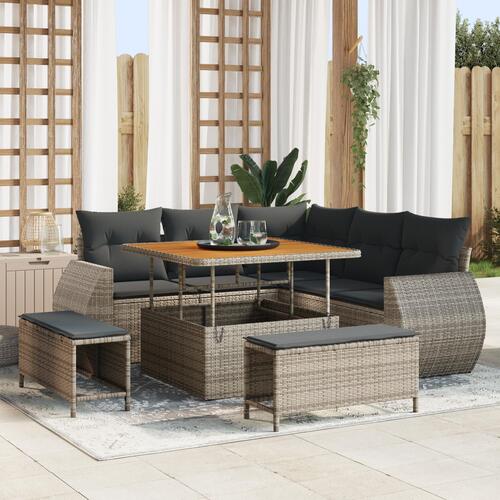 8 Stykke Have Sofa Sæt med Puder Grå Poly Rattan Akacietræ