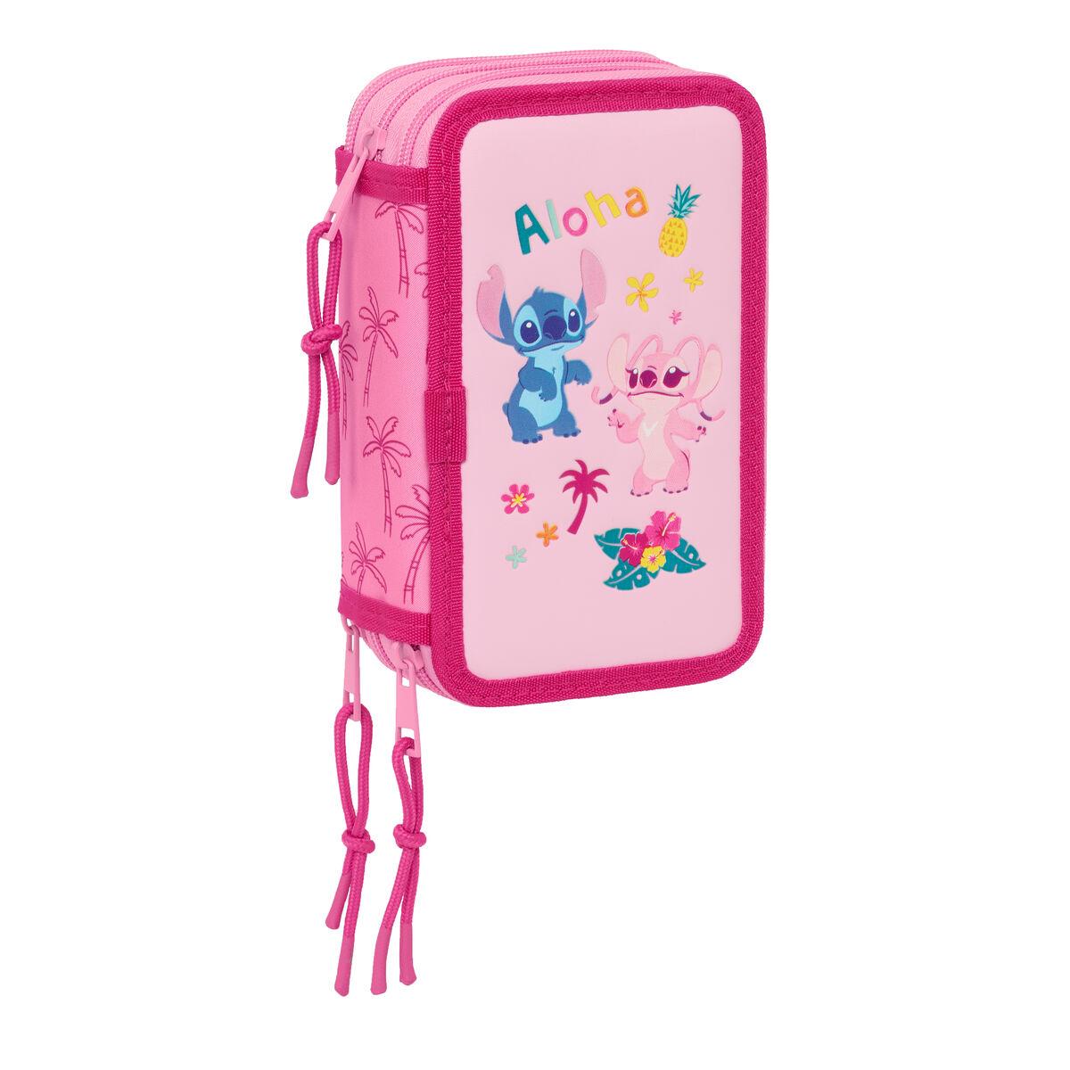 Lilo & Stitch tredobbelt penalhus - Chill Pink/Mint, 37 dele (12,5 × 19,5 × 5,5 cm)