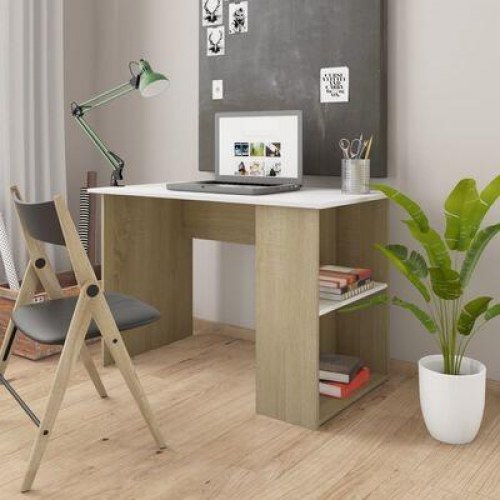 Skrivebord 110x60x73 cm konstrueret træ hvid og sonoma-eg