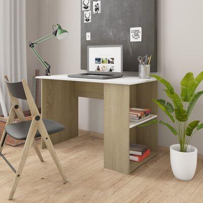 Skrivebord 110x60x73 cm konstrueret træ hvid og sonoma-eg