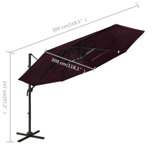 Parasol med aluminiumsstang 3 niveauer 3x3 m bordeaux