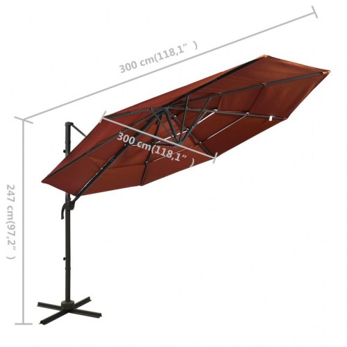 Parasol 3x3 m med aluminiumsstang - 4 niveauer, terrakotta