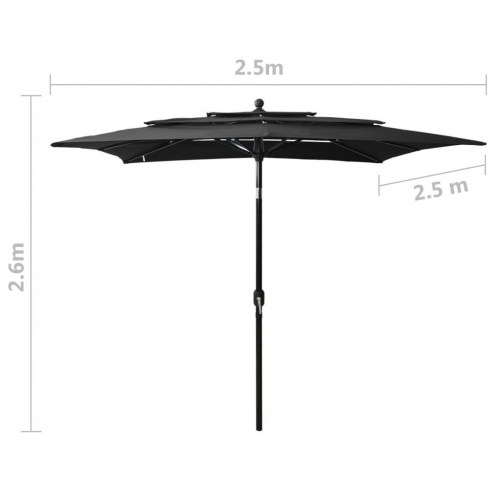 Parasol 2,5 × 2,5 m med aluminiumsstang - 3 niveauer, sort