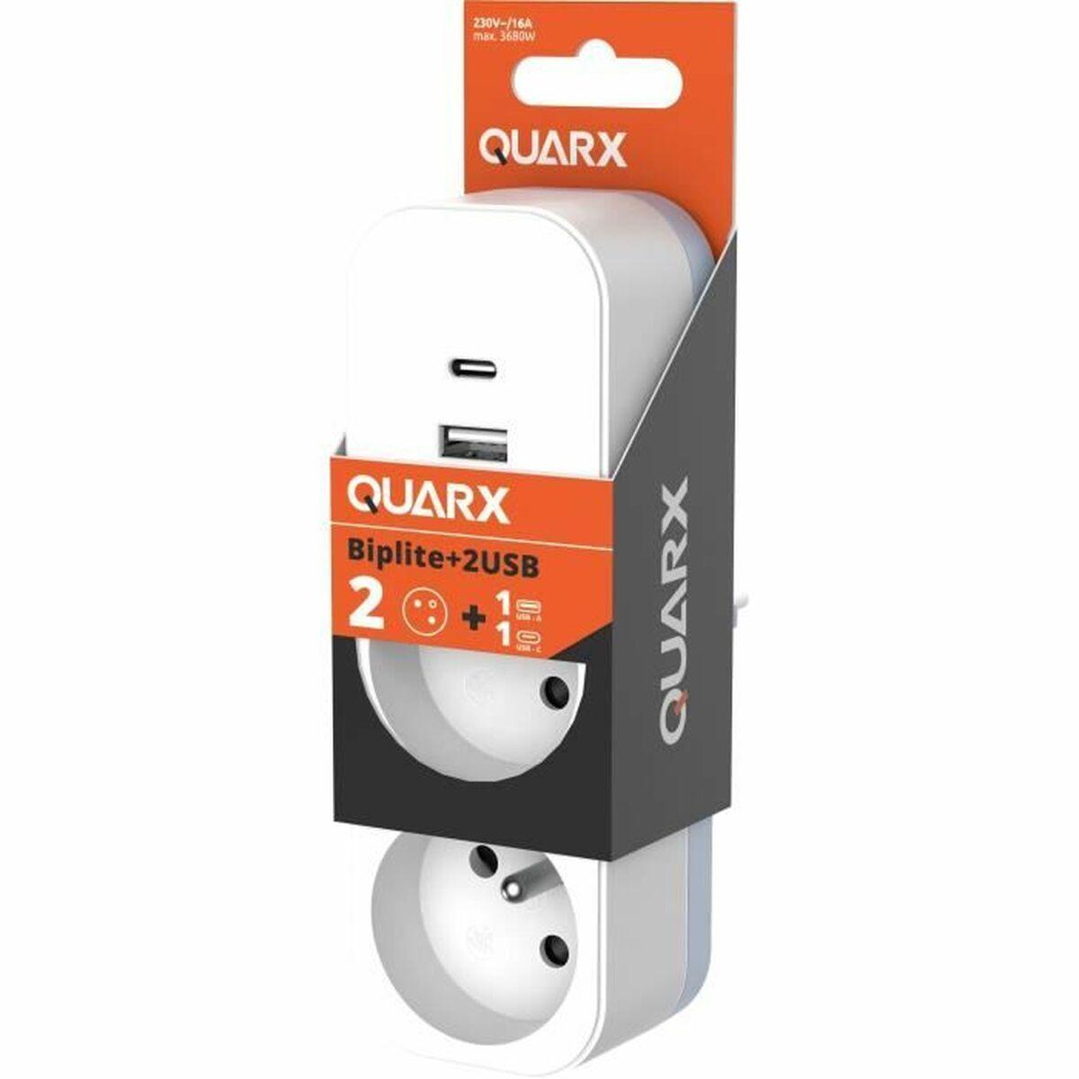 QUARX 2-stiks strømfordeler med tænd/sluk og 2×USB (3680 W)