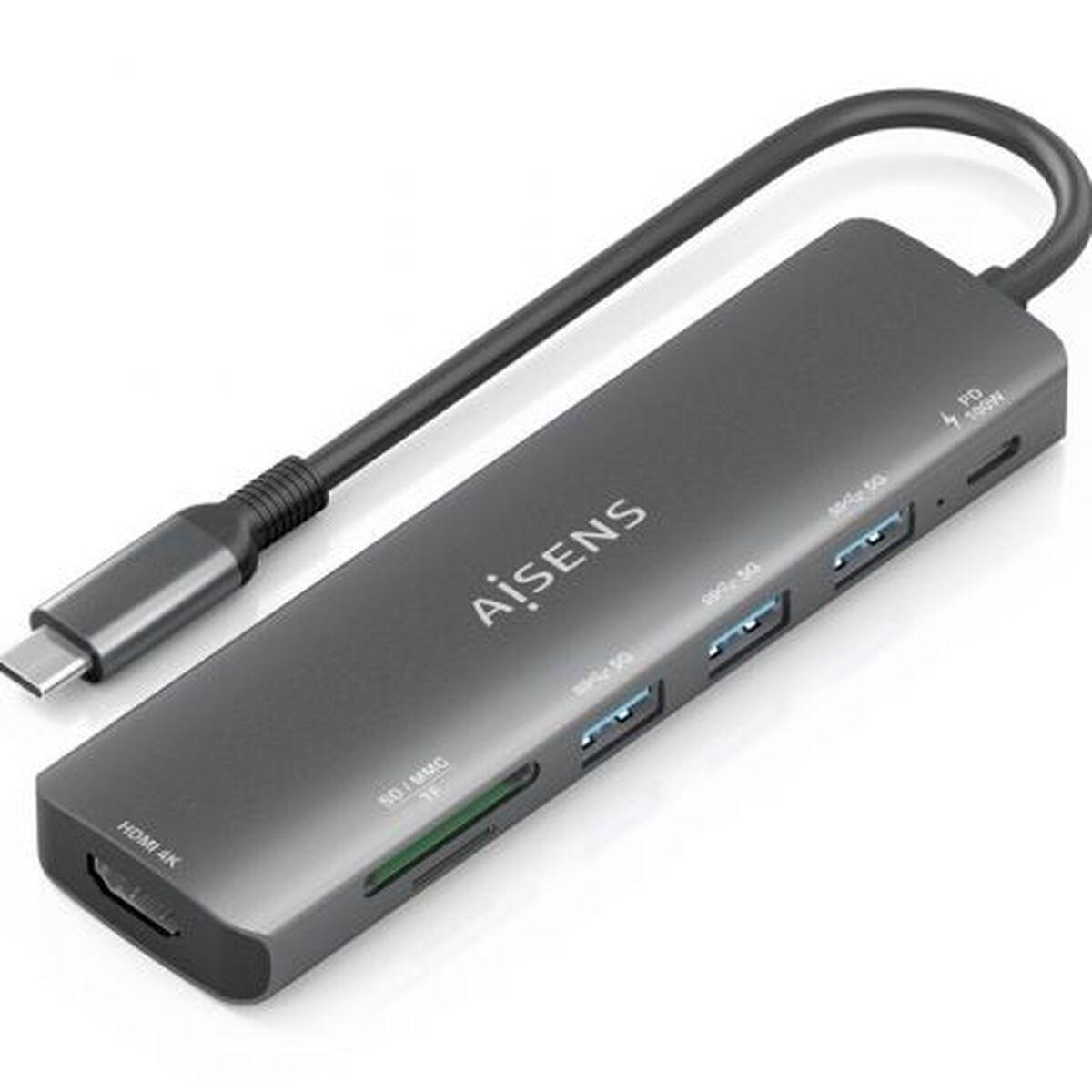 Aisens USB-C hub ASUC-7P025-GR, grå - 7-i-1 med HDMI 4K og kortlæser billede