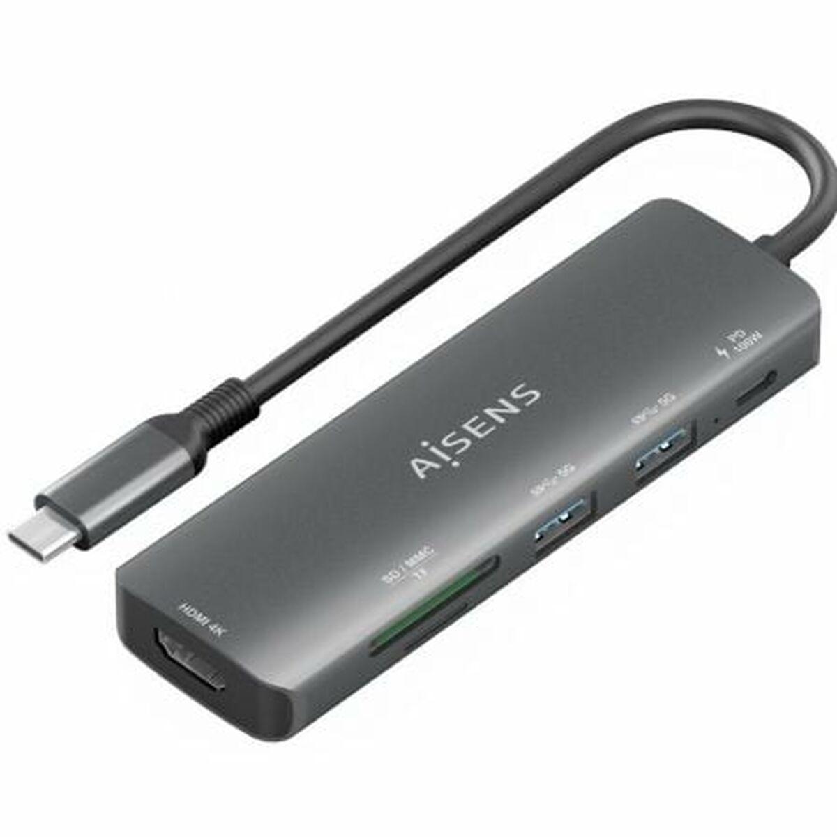 Aisens USB-C hub ASUC-6P023-GR, 7-i-1, grå