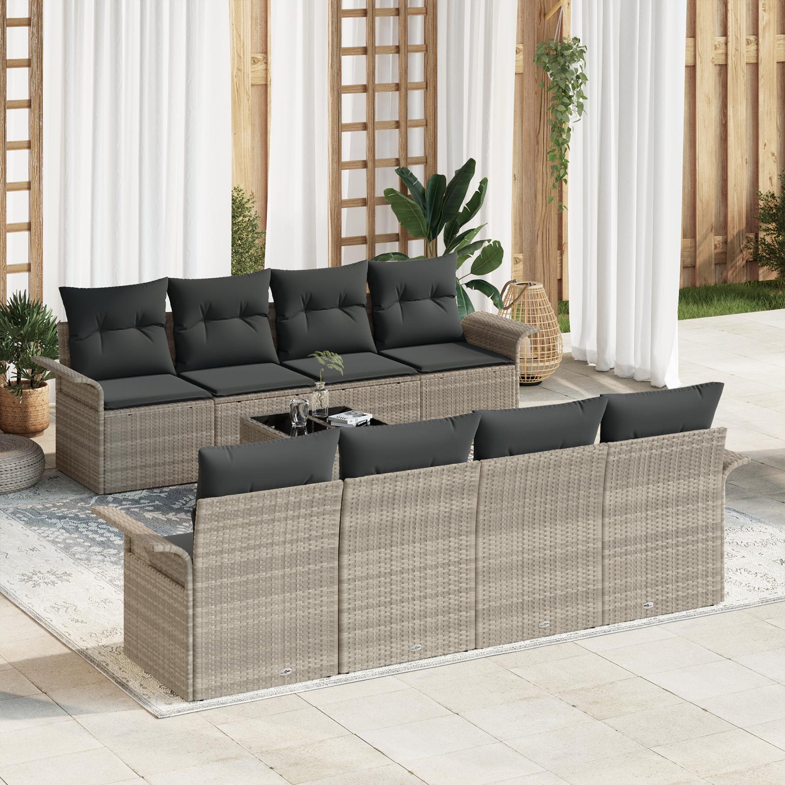 9 Stykker Have Sofa Sæt med Puder Lysegrå Poly Rattan, 2-Personers Have Sofa med Opbevaring & Puder Lysegrå Poly Rattan