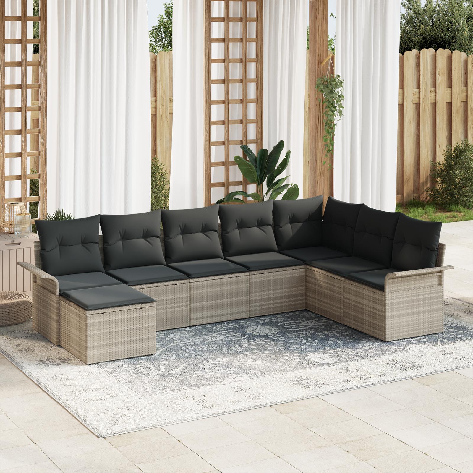 8 Piece Have Sofa Sæt med Puder Lys Grå Poly Rattan, 2-personers Have Sofa med Opbevaring & Puder Lys Grå Poly Rattan