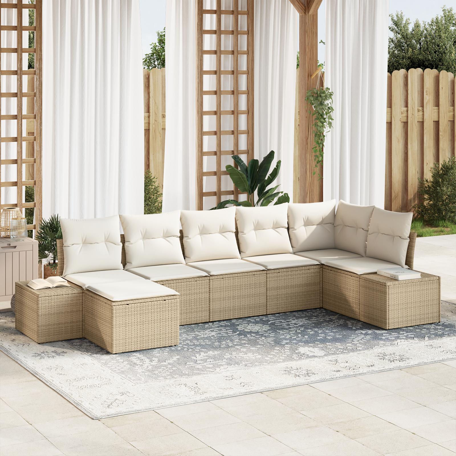 7 Deles Havesofa Sæt med Puder Beige Poly Rattan