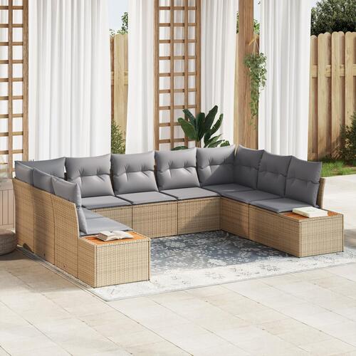 5 Stykker Have Sofa Sæt med Puder Beige Poly Rattan Akacietræ&& 2-Sædes Have Sofa med Opbevaring & Puder Beige Poly Rattan