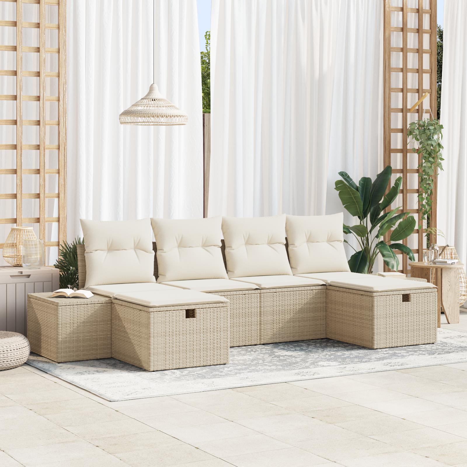 6 Delt Have Sofa Sæt med Puder Beige Poly Rattan