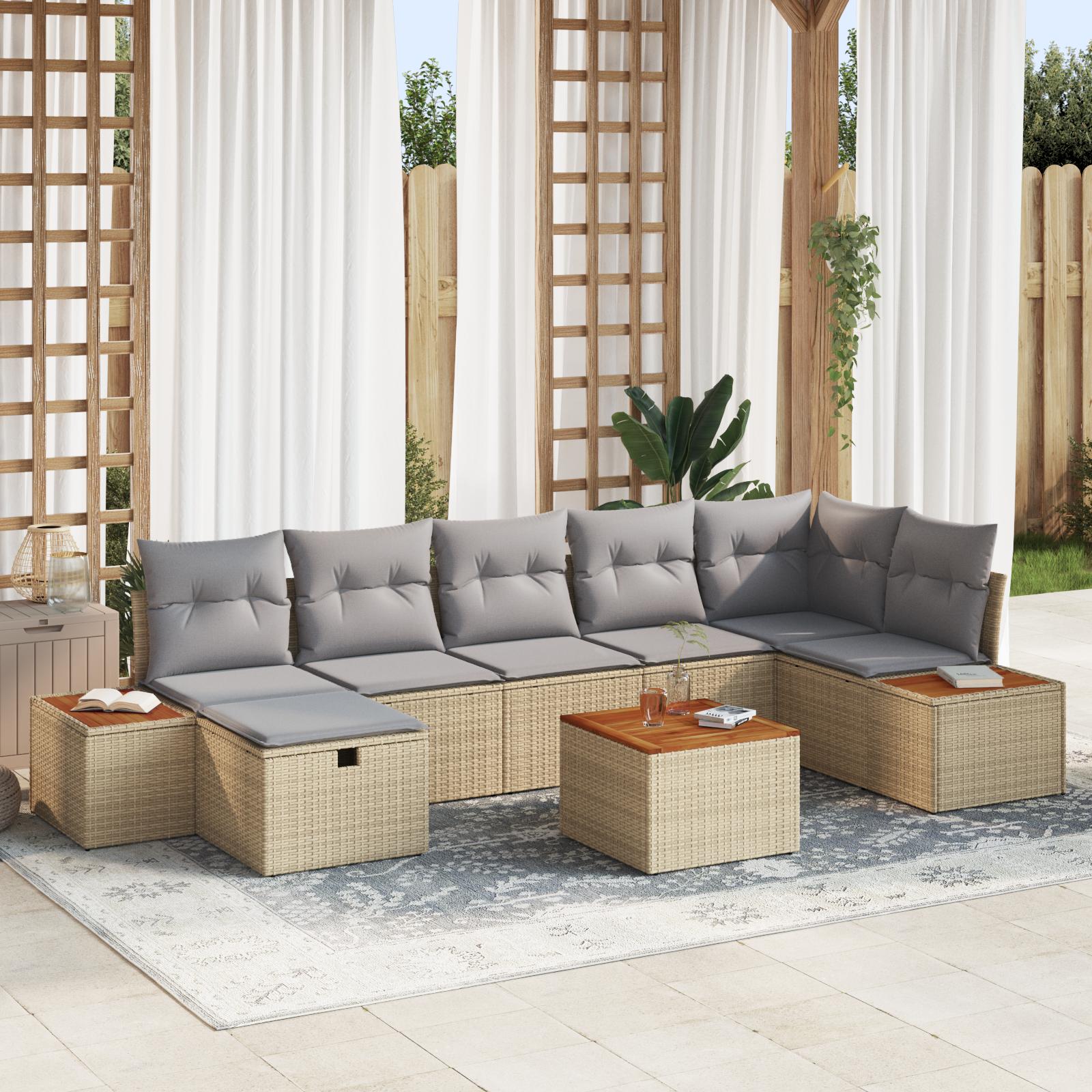 Havesofa sæt 8 stk. i beige polyrattan med opbevaring