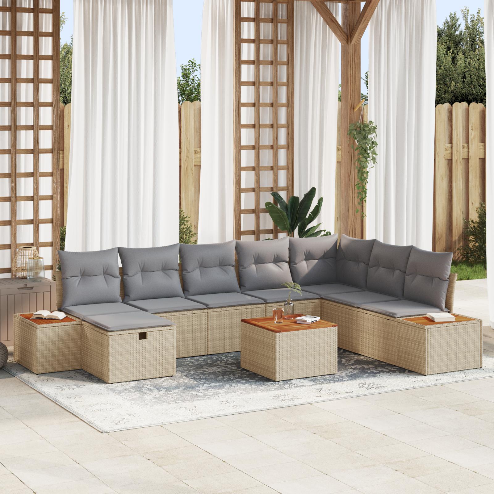 Havesofa sæt 9 stk. i beige polyrattan med opbevaring