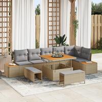 9 Piece Havensofa Sæt med Puder Beige Poly Rattan Akacie&& 2-sæders Havensofa med Opbevaring & Puder Beige Poly Rattan&& 3 Stykke Havemøbel Sæt med Puder Beige Poly Rattan Akacie