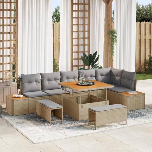 9 Piece Havensofa Sæt med Puder Beige Poly Rattan Akacie&& 2-sæders Havensofa med Opbevaring & Puder Beige Poly Rattan&& 3 Stykke Havemøbel Sæt med Puder Beige Poly Rattan Akacie