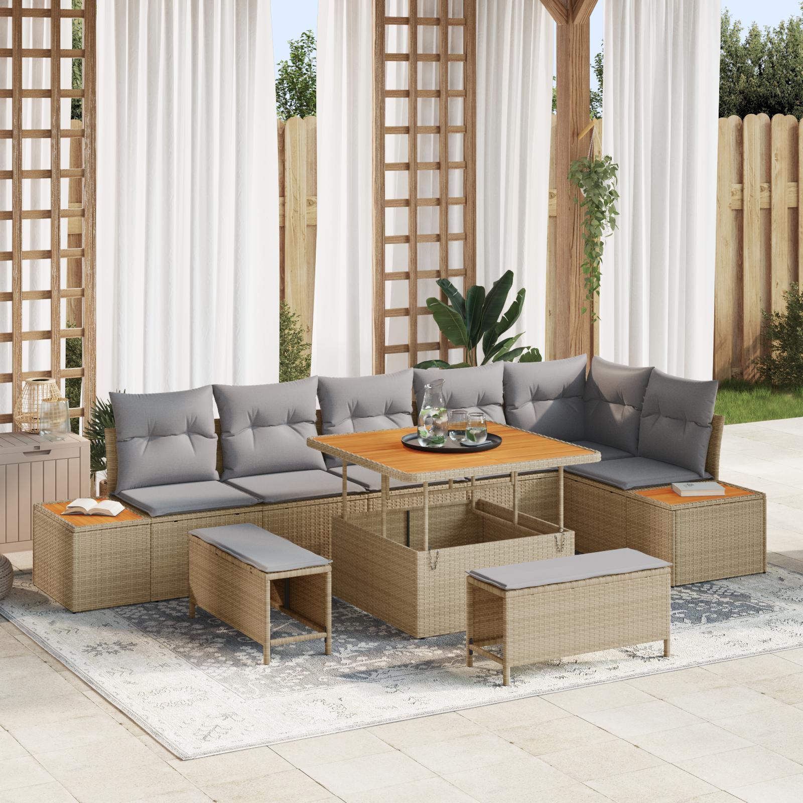 9 Piece Havensofa Sæt med Puder Beige Poly Rattan Akacie&& 2-sæders Havensofa med Opbevaring & Puder Beige Poly Rattan&& 3 Stykke Havemøbel Sæt med Puder Beige Poly Rattan Akacie