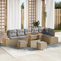 9 Deles Have Sofa Sæt med Puder Beige Poly Rattan Akacietræ&& 2-Sæders Have Sofa med Opbevaring & Puder Beige Poly Rattan&& 3 Deles Have Spisestue Sæt med Puder Beige Poly Rattan Akacietræ