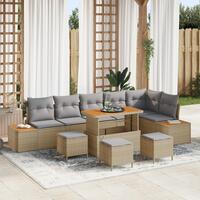 10 Stykker Have Sofa Sæt med Puder Beige Poly Rattan Akacia&& 2-Personers Have Sofa med Opbevaring & Puder Beige Poly Rattan&& 4 Stykker Have Spise Sæt med Puder Beige Poly Rattan Akacia