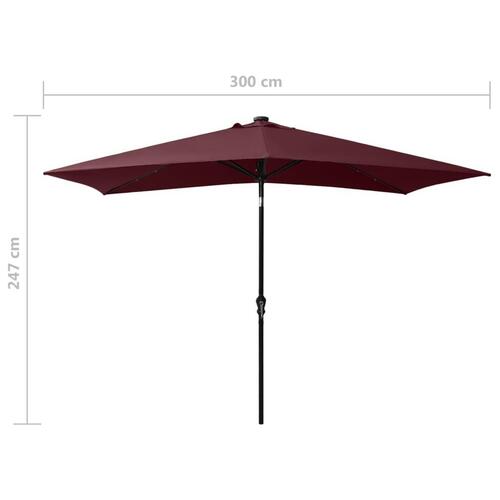 Parasol med stålstang og LED-lys 2x3 m bordeaux