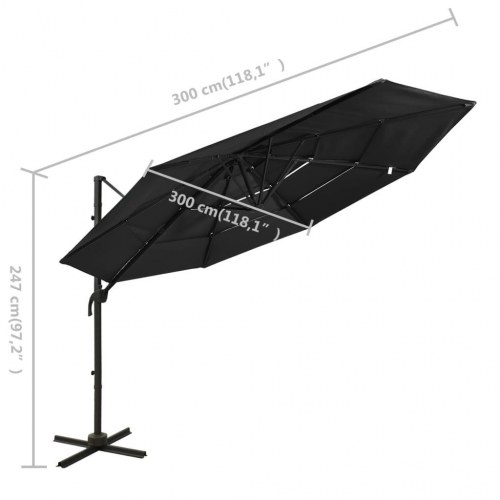 Parasol 3 × 3 m med aluminiumsstang - 4 niveauer, sort